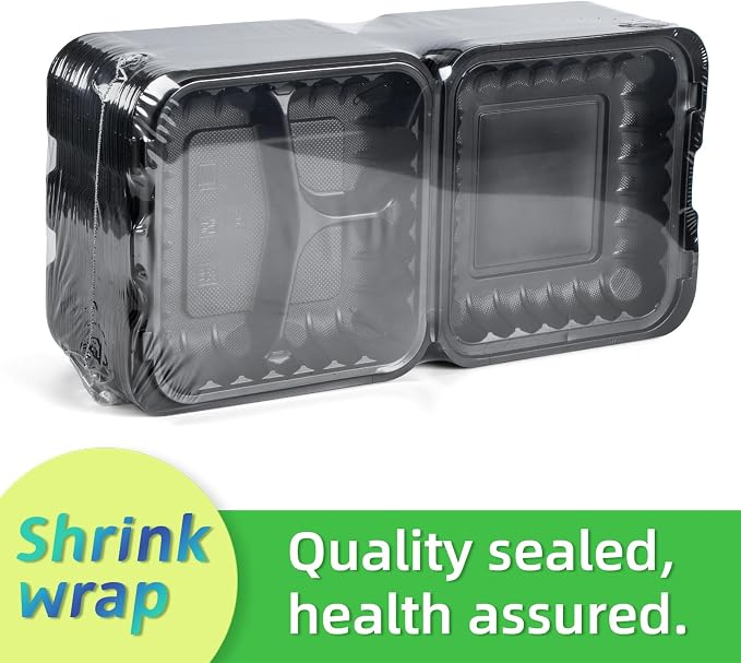 65-Pack 30oz 7.8 Inch Black Bento Box - Shrink Wrapped No Pre-Wash | 3-Compartment Reusable & Sturdy | Microwave and Freezer Safe Takeout Containers for Catering, Meal Delivery & Leftovers