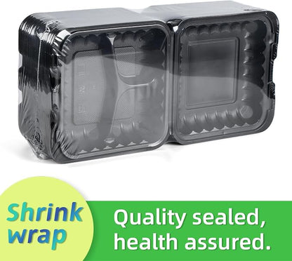 65-Pack 30oz 7.8 Inch Black Bento Box - Shrink Wrapped No Pre-Wash | 3-Compartment Reusable & Sturdy | Microwave and Freezer Safe Takeout Containers for Catering, Meal Delivery & Leftovers