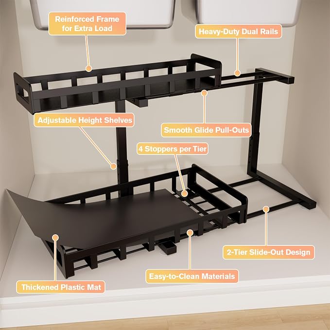 Under Sink Organizer 2 Pack, Metal Large Capacity 2-Tier Sliding Cabinet Storage Rack, Heavy-Duty Rust-Resistant Steel Frame, Holds 50 lbs Each, Adjustable Height 12–16", 14"D x 11"W for Home, Black