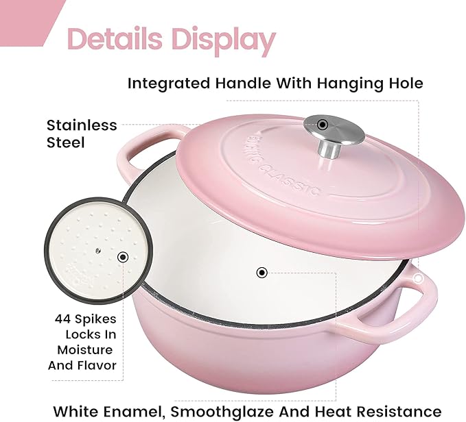 EDGING CASTING Enameled Cast Iron Covered 5.5 Quart Dutch Oven with Dual Handle, Dutch Ovens with Lid for Bread Baking, Pink