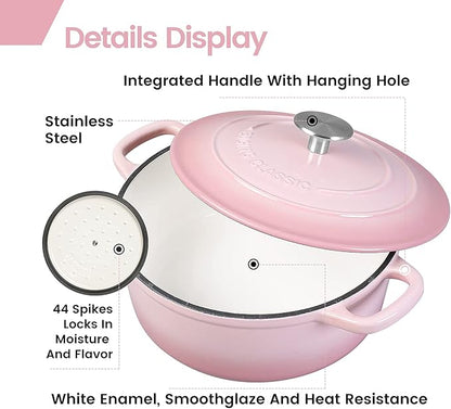 EDGING CASTING Enameled Cast Iron Covered 5.5 Quart Dutch Oven with Dual Handle, Dutch Ovens with Lid for Bread Baking, Pink