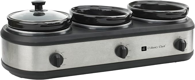 CULINARY CHEF, Triple Slow Cooker, Buffet Server 2.5qt x 3 Pot, Food Warmer – Stainless