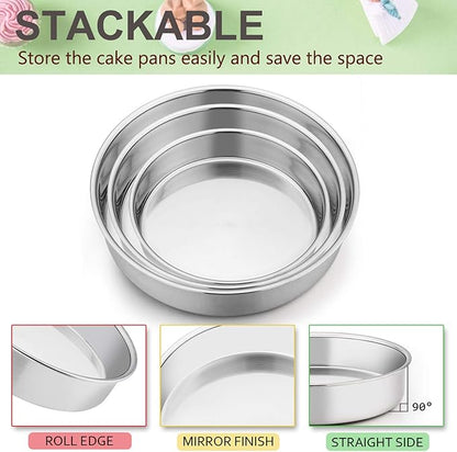 E-far Cake Pan Set of 3 (6 inch/8 inch/9½ inch), Stainless Steel Round Layer Cake Baking Pans, Perfect for Birthday Wedding Tier Cake, Non-Toxic & Healthy, Mirror Finish & Dishwasher Safe