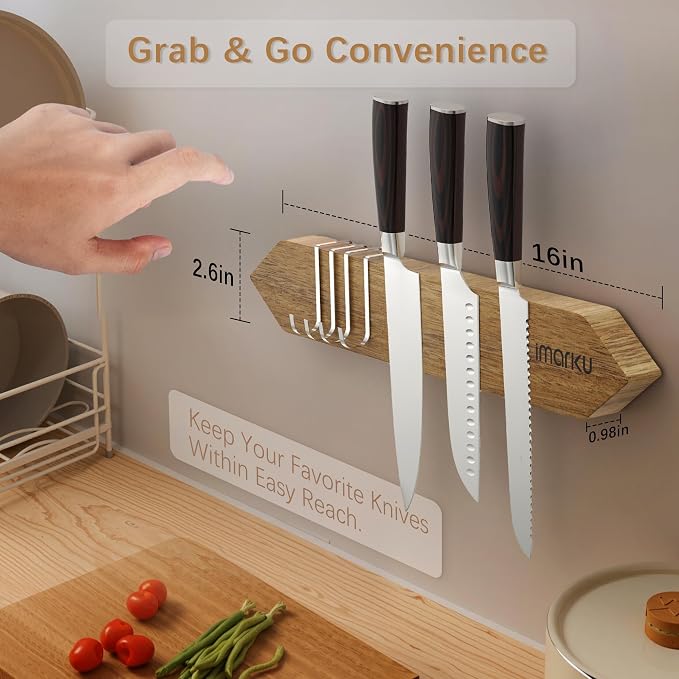 imarku 16 Inch Magnetic Knife Strip, Acacia Wood Knife Holder for Wall, Heavy Duty Magnet for Quick Access & Secure Grip, Space Saving Kitchen Utensil Rack with 4 Hooks