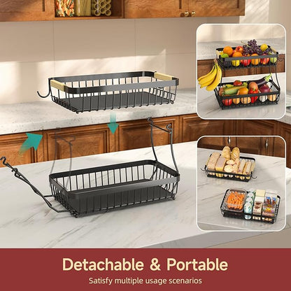 Sevenblue 2 Tier Large Fruit Basket for Kitchen Counter with 2 Mobile Banana Hangers, 2026 Pro Detachable Metal Fruit Bowl with Wooden Handle (Black, 2 Tier Extra Large)