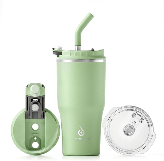 IDEUS Insulated Tumbler with Lid and Straw 18 oz, Stainless Steel Double-Wall Vacuum Leak-Proof Travel Coffee Mug, Cup Holder Friendly, Avocado Green