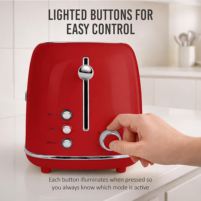 Nostalgia Classic Retro 2-Slice Toaster- Vintage Design- Enamel Coated Steel Body- Wide Slots for all Breads- Crumb Tray, Cord Storage- Defrost,Cancel and Bagel Function & 6 Toasting Levels- Red