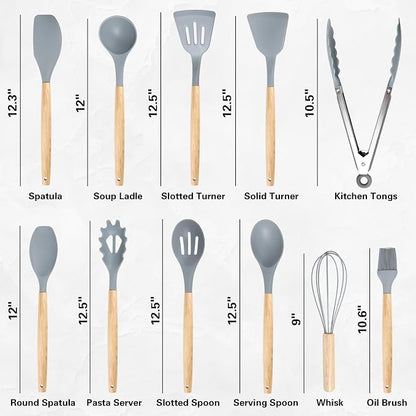 19 PCS Kitchen Cooking Utensils Set, 11 Pieces Silicone Cooking Utensils Set 6 Pieces Sharp Stainless Steel Gray Knife Set with 1 Piece Cutting Board, Ideal for Apartment
