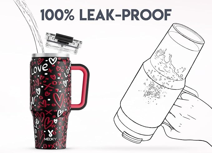 Meoky 32 oz Tumbler with Handle, Insulated Tumbler with Lid and Straw, Stainless Steel Travel Mug, Keeps Cold for 24 Hours, 100% Leak Proof, Fits in Car Cup Holder (Romance)