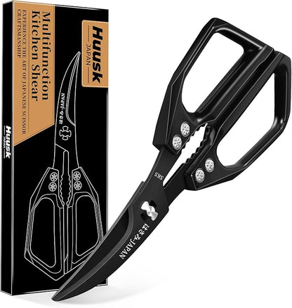 Huusk Seafood Scissors Black - Stainless Steel Kitchen Shears Dishwasher Safe, Sharp Japanese-Style Kitchen Scissor for Crab, Shrimp, Lobster, Herbs and Food Prep, Gifts for Men Women
