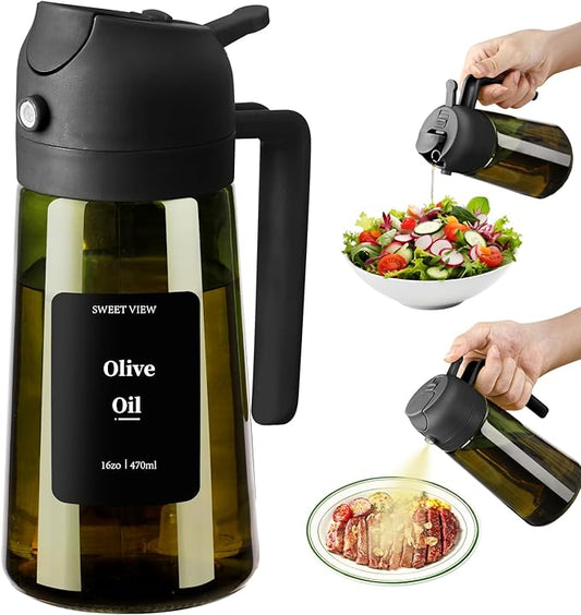 SWEET VIEW - Olive Oil Sprayer for Cooking, 16oz/470ml Glass Light-Proof Oil Pourer for Kitchen with Stickers for Air Fryer, Cooking, Salad, and BBQ with Stickers