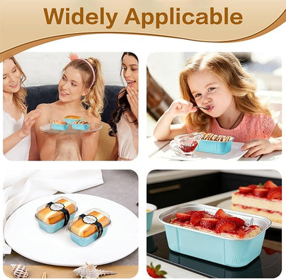 Mini Cake Pans With Lids And Spoons,5.5 oz Rectangle Mini individual Loaf Pans Disposable Aluminum Foil Small Baking Cups Tins (200, Wathet)