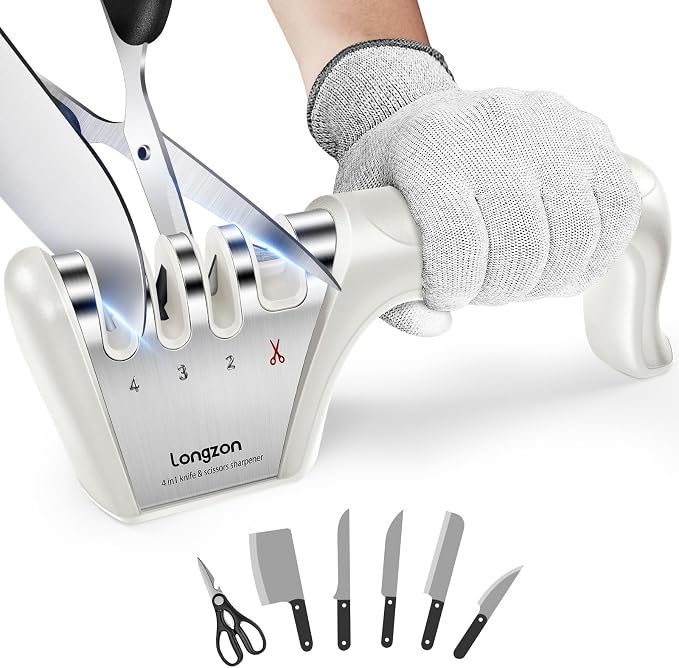 Longzon 5-in-1 Knife Sharpener 4 Stage with Cut-Resistant Glove, Quickly Sharpens & Restores Dull Blades, Easy & Safe for Home Kitchen Use, Fits Most Knives and Scissors, Off-white