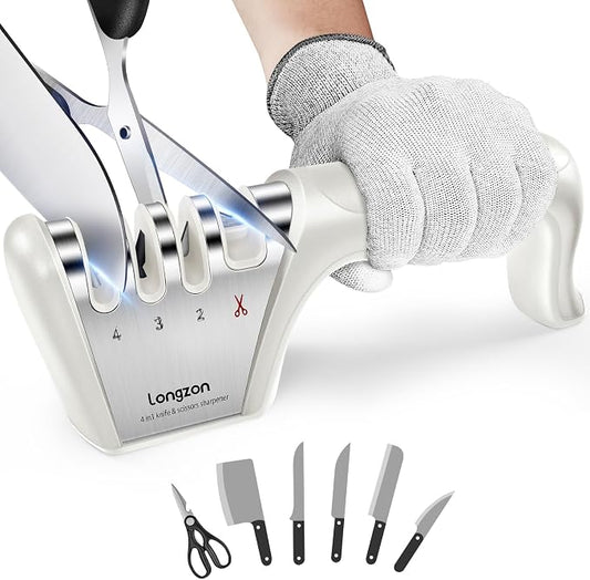 Longzon 5-in-1 Knife Sharpener 4 Stage with Cut-Resistant Glove, Quickly Sharpens & Restores Dull Blades, Easy & Safe for Home Kitchen Use, Fits Most Knives and Scissors, Off-white