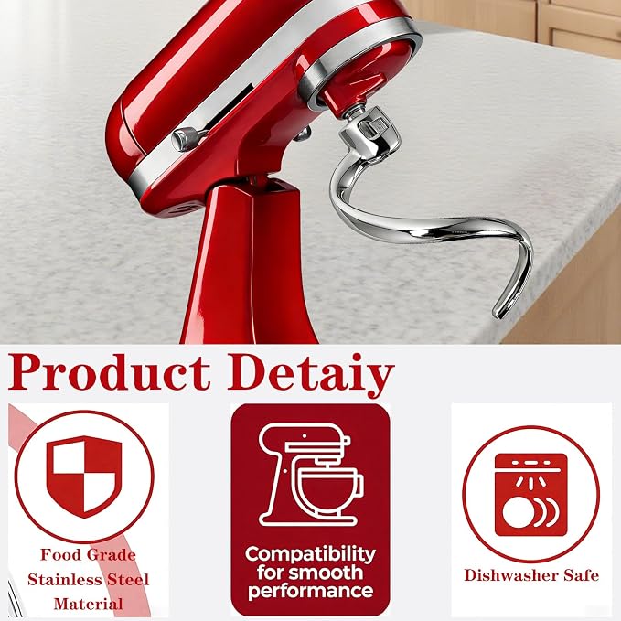 Stainless Steel Spiral Dough Hook for KitchenAid 4.5-5 Quart Tilt-Head Stand Mixer, Dishwasher Safe & Rust-Proof Bread Hook for K45, K45SS, KSM75, KSM90, KSM150 | Long-lasting No chipping or peeling — safer for food contact Easy to clean