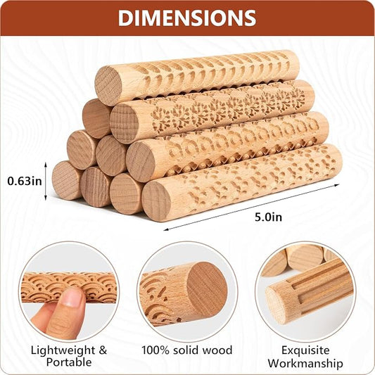 10pcs Wooden Clay Texture Rollers Set for Pottery & Ceramics - Potters Stamp Roller Tools for Ceramic Slabs - Textured Rolling Pins for Modeling, Painting & Glaze Design - 5 x 0.63 inch