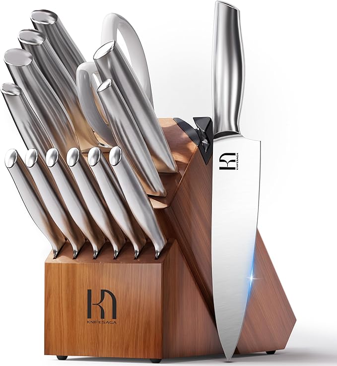 KnifeSaga Kitchen Knife Set 14 Piece Premium Japanese High Carbon Stainless Steel Knife Block Sets with Built-in Sharpener, Razor Sharp Knives Set for Kitchen, Quality Acacia Wood Block Knife Set
