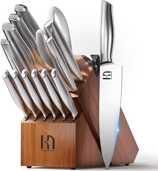 KnifeSaga Kitchen Knife Set 14 Piece Premium Japanese High Carbon Stainless Steel Knife Block Sets with Built-in Sharpener, Razor Sharp Knives Set for Kitchen, Quality Acacia Wood Block Knife Set