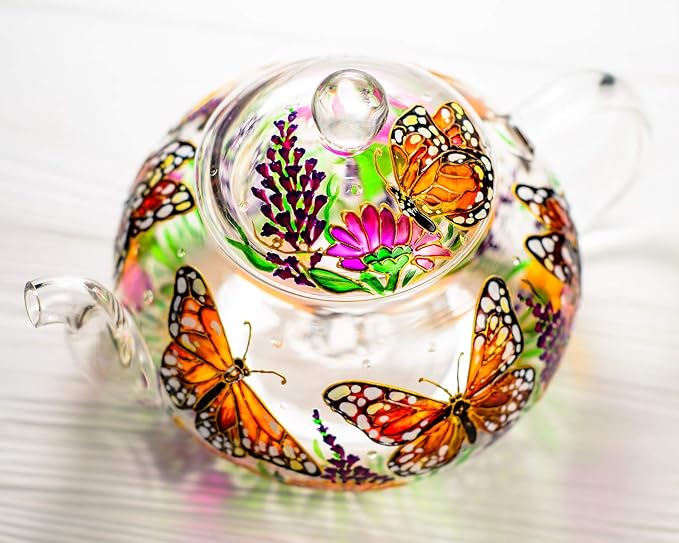 Butterflies and Flowers Teapot with 2 Cups and Saucers - Wedding Gift for Mom - Elegant Tea Set Women Hand Painted Personalized Mother's Day Gift, Luxurious Tea Accessories Tea Party Gift