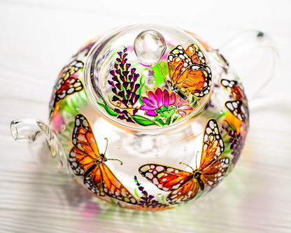 Butterflies and Flowers Teapot with 2 Cups and Saucers - Wedding Gift for Mom - Elegant Tea Set Women Hand Painted Personalized Mother's Day Gift, Luxurious Tea Accessories Tea Party Gift