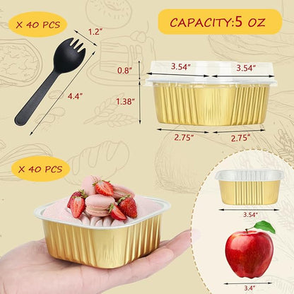 LNYZQUS Disposable Ramekins With Lids 40 Pack, 5oz Aluminum Foil Mini Cupcake Muffin Pan,Square Mini Cake Pan Brownie Baking Cups Muffin Tin Dessert Cups For Wedding Party-Gold