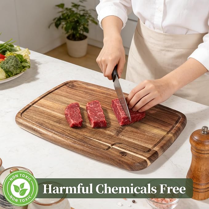 Acacia Wood Cutting Boards for Kitchen (Set of 3), Heavy Duty Chopping Board with Deep Juice Groove, Reversible Designed, Storage Stand & Oiling Brush
