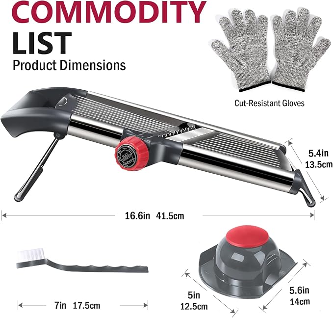 Masthome Adjustable Mandoline Slicer, Thin to 9mm Slice, 4.5mm & 9mm Julienne - Vegetable Cutter for Potato Carrot Onion - Stainless Steel - with Glove & Brush (Red)