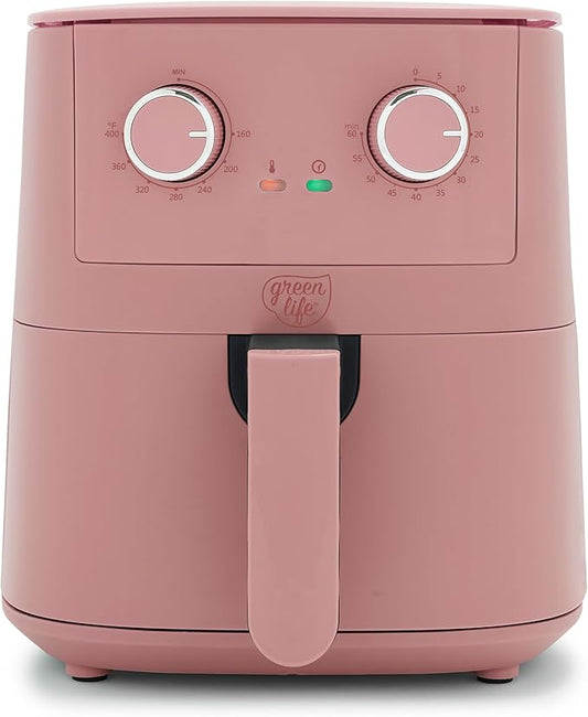 GreenLife 4.5QT Air Fryer, Mechanical Dial Controls, PFAS-Free Ceramic Nonstick Drawer, Adjustable Temp & Timer, LED Indicator, Oil-Less Cooking, Dishwasher Safe, Compact Family Size, Pink