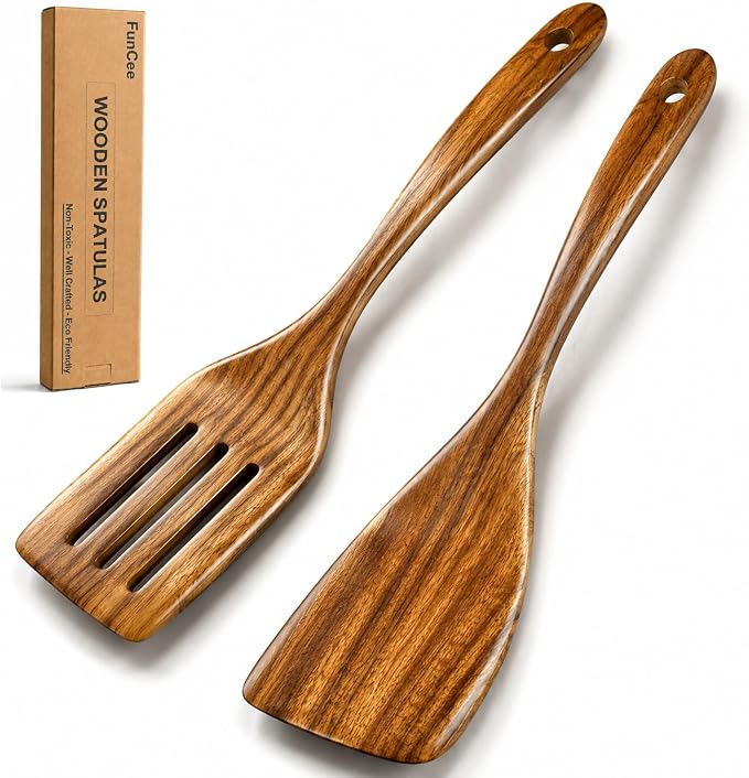 2 Pack Wooden Spatula, Acacia Wood Long Handle Flat Frying Turner, Handmade wooden spoons for cooking, Kitchen Utensil set, Non-Stick Cooking Spurtle Utensils for kitchen use