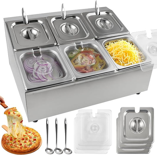 Pizza Topping Station Pizza Storage Container Topping containers with Lids Spoon Condiment Organizers Buffet Containers Set for Restaurant Pizza Sauce Jam Fruit Ingredient (6 Pans)