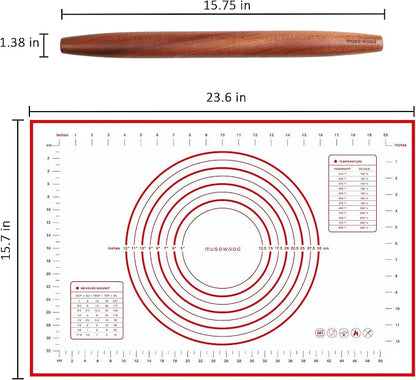 Muso Wood French Rolling Pin and Silicone Baking Mat Set, Sapele Wooden Rolling Pin 15.75 Inch and Tapered Roller for Fondant, Pie Crust, Cookie, Pastry