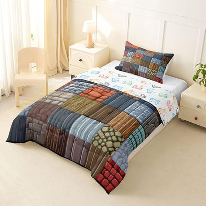 Manfei Cartoon Gamepad Bedding Set Toddler Size -Block Theme Comforter Set for Kids Teens Bedroom Decor Video Game Soft Polyester Quilt Duvet Vintage Wooden Plank Duvet Insert,1 Pillowcase