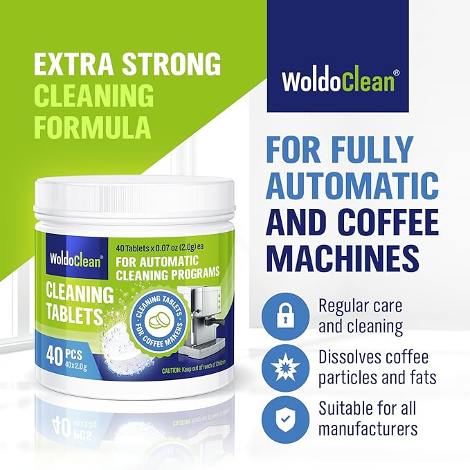WoldoClean Espresso & Coffee Machine Cleaning Tablets 40 Pack 2g - Backflush Cleaner compatible with Breville Barista Express, Jura, Gaggia, DeLonghi & Philips, Removes Oils & Grease