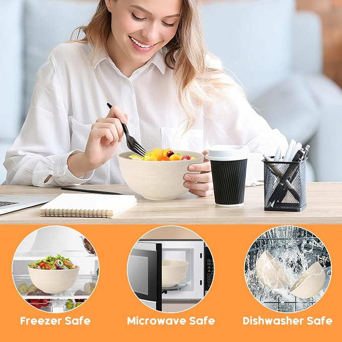 Unbreakable Cereal Bowls Set of 8, 26 Oz Wheat Straw Bowl Sets, Microwave & Dishwasher Safe Bowls for Kitchen, Reusable Plastic Bowl for Soup, Salad, Rice, Snack, BPA Free, Beige