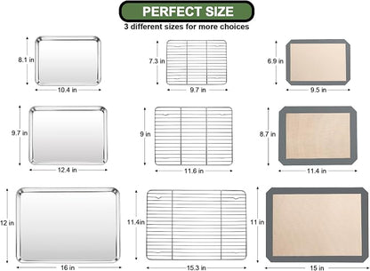 Baking Sheet Tray Cooling Rack with Silicone Mat Set, Stainless Steel Cookie Pan For Oven, Set of 9 (3 Sheets + 3 Racks Mats), Warp Resistant & Heavy Duty & Easy Clean, Grey