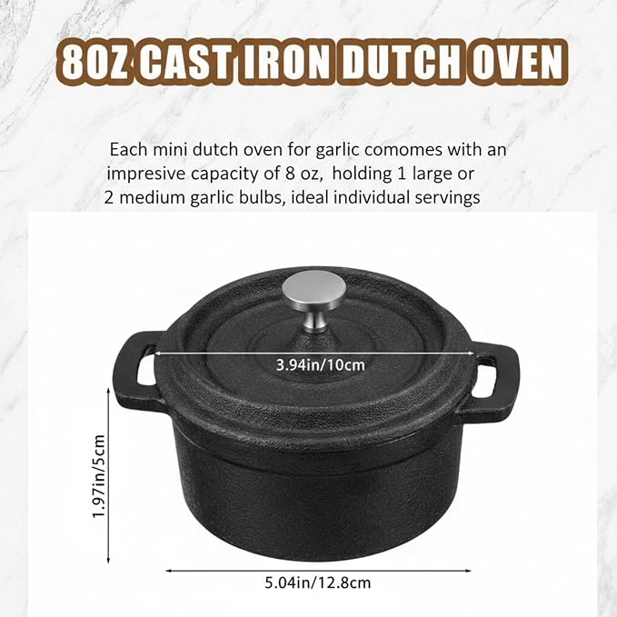 4 Pcs Mini Dutch Oven, 500F Small Round Iron Cocotte Black Dutch Oven Pot with Lid and Dual Handles Cast Iron Pot for Stovetop Use Marinate Cook Bake Refrigerate, Individual Servings(8 oz)