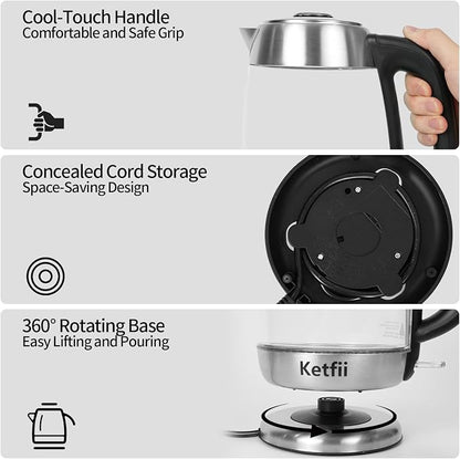 Electric Glass Kettle 1.8L, 1200W Fast Boil for Tea & Coffee, Auto Shut-Off & Boil-Dry Protection, BPA-Free, 304 Stainless Steel & Borosilicate Glass, Removable Lid for Easy Cleaning