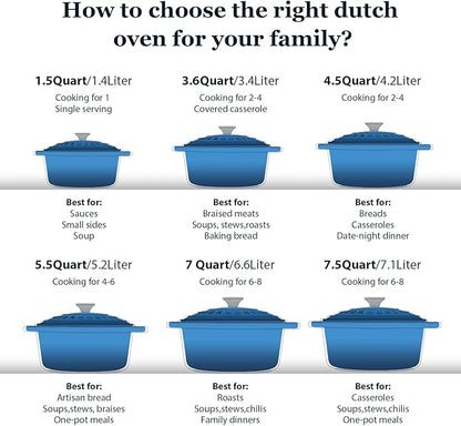 Overmont Enameled Cast Iron Dutch Oven - 4.5QT Pot with Lid Cookbook & Cotton Potholders - Heavy-Duty Cookware for Braising, Stews, Roasting, Sourdough Baking blue