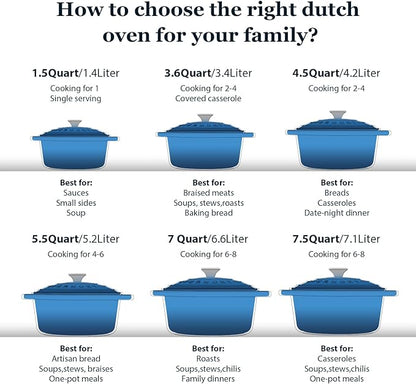 Overmont Enameled Cast Iron Dutch Oven - 7QT Pot with Lid Cookbook & Cotton Potholders - Heavy-Duty Cookware for Braising, Stews, Roasting, Sourdough Baking blue