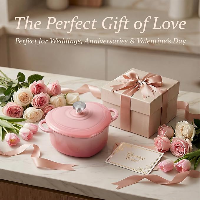 Overmont Heart-Shaped Enameled Cast Iron Dutch Oven, 2QT Pink Mini Pot with Lid for Cozy Meals, Soups & Small Batch Baking, Cute Kitchen Cookware Gift for Wedding, Housewarming & Birthday