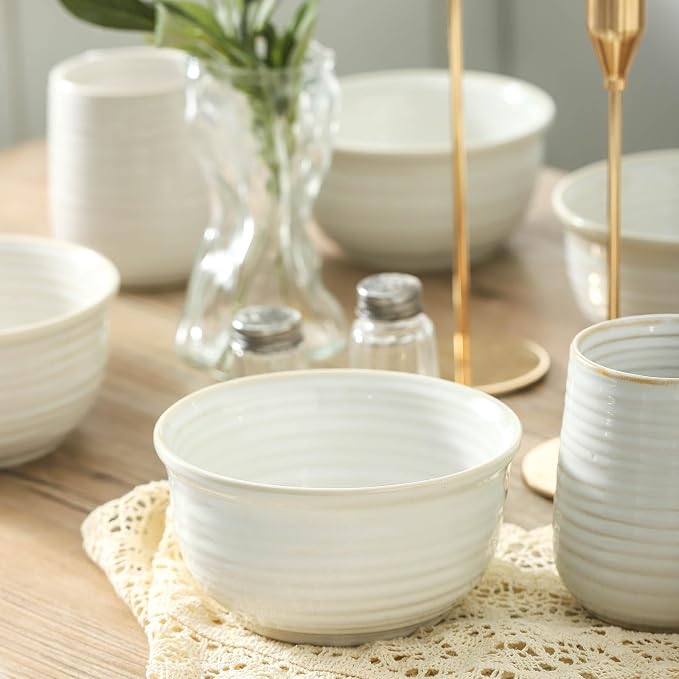 Hasense Cereal Bowls, 20 Ounce Soup Bowls Set of 6, Ceramic Deep Bowl for Kitchen, Perfect for salad Pasta Dessert Oatmeal, Dishwasher and Microwave Safe, Clay-Infused White