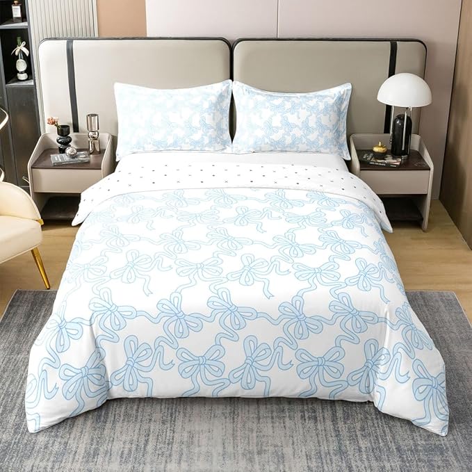 Castle Fairy Full Size Duvet Cover Set Blue Bowknot Comforter Cover Set 100% Pure Cotton Coquette Bowtie Ribbon Duvet Cover Set (No Filler) Dreamy Princess Style Cute Bow Bedding Set 3 Pcs