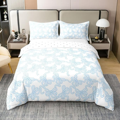 Castle Fairy 100% Nature Cotton Blue Bowknot Duvet Cover Set (No Comforter) Coquette Bowtie Ribbon Comforter Cover Set Twin Size with 1 Pillowcase Dreamy Princess Style Cute Bow Bedding Set