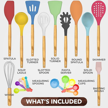 Kitchen Utensils Set, 21 Wood and Silicone Cooking Utensil Set, Non-Stick and Heat Resistant Kitchen Utensil Set, Kitchen Tools