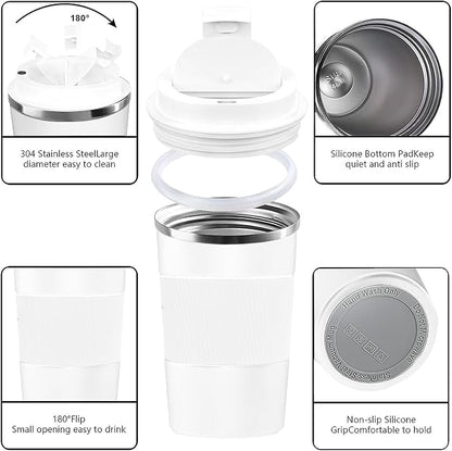 YINBAOGE Insulated Travel Coffee Mug, Spill & Leak Proof, Portable To Go Camping Stainless Steel Coffee Tumbler, Reusable Thermal Coffee Cup with Lid for Hot & Cold Drinks (White, 12 OZ)