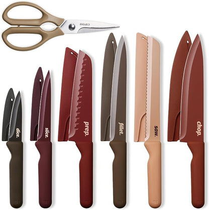 CAROTE Knife Set, 13 Pcs Kitchen Knife Set with Letter, 6 Stainless Steel Knives with Nonstick Ceramic Surface & Blade Guards, Kitchen Shears, Dishwasher Safe, Ergonomic Handles
