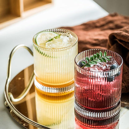 KEMORELA Ribbed Glass Cups Set, 13oz Vintage Drinking Glassware Set of 4, Premium Glassware, Elegant Mixed Glassware Set, Origami Style Cocktail Glasses, Great for Cocktail, Whisky & Beverages