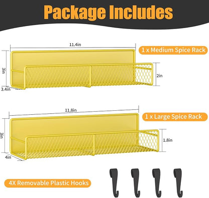 Magnetic Spice Rack for Refrigerator, 2 Pack 100% Metal Strong Magnet Shelf, Space Saving Spice Organizer W/ Hooks, Movable Magnetic Fridge Shelf, Kitchen Home Laundry Room Storage Organization,Yellow