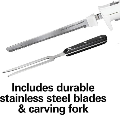 Hamilton Beach Electric Knife Set for Carving Meats, Poultry, Bread, Crafting Foam & More, Reciprocating Serrated Stainless Steel Blades, Ergonomic Design Storage Case + Fork Included, 5 Foot Cord