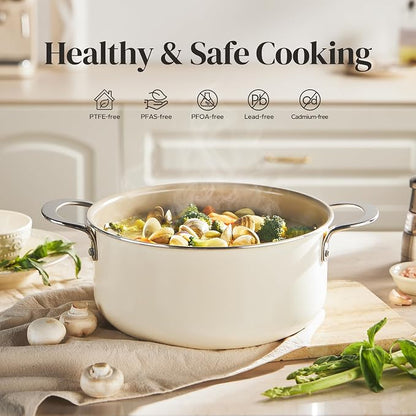 Redchef Ceramic Stock Pot with Lid, Soup Pot for All Stoves, 5 Qt Induction Cooking Pot for Soup Nonstick, Even Heating, Stay-Cool Handles, Oven/Dishwasher Safe, PTFE PFAS Free (Beige)